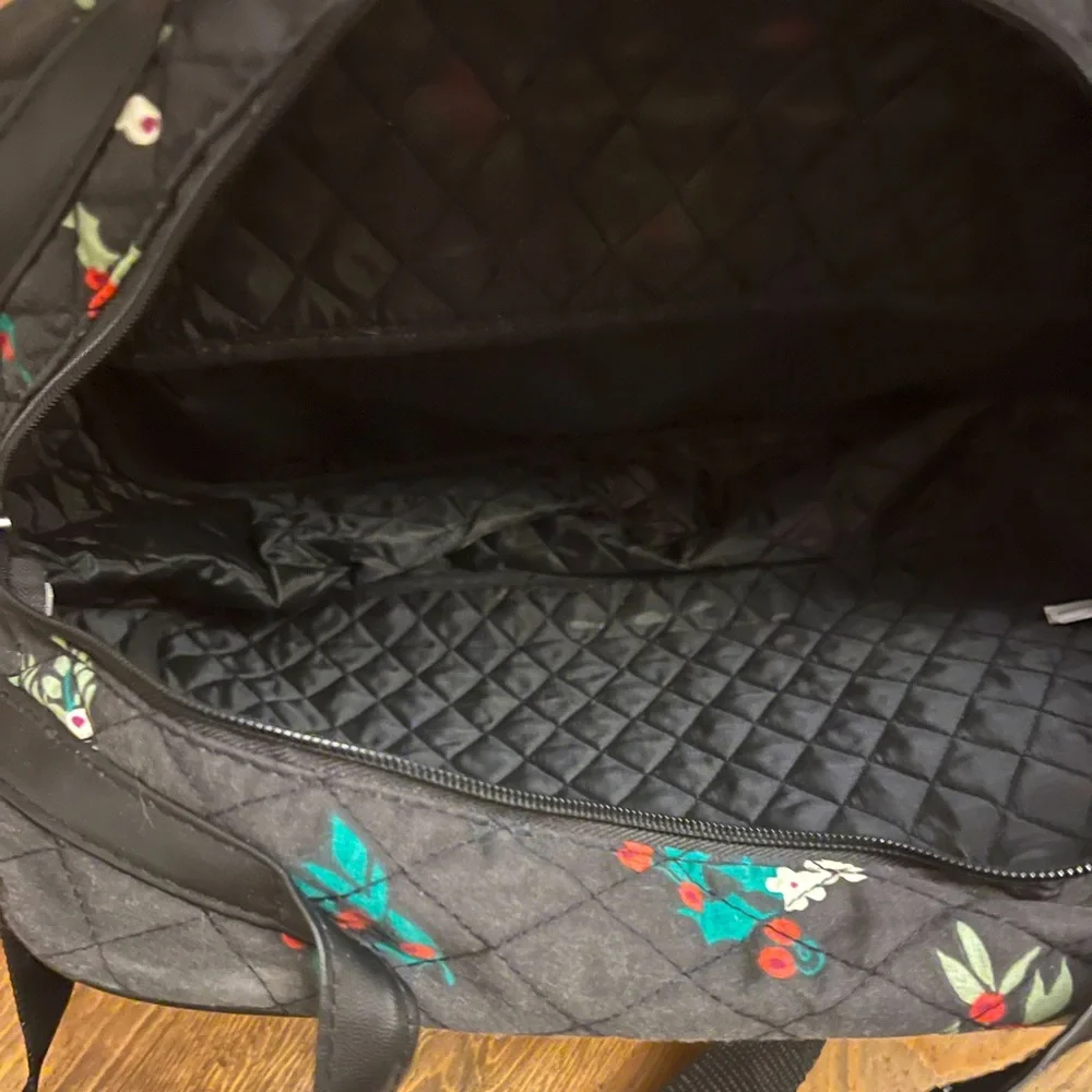 Quilted Women's Bag Black with Green, Red & White Floral Design